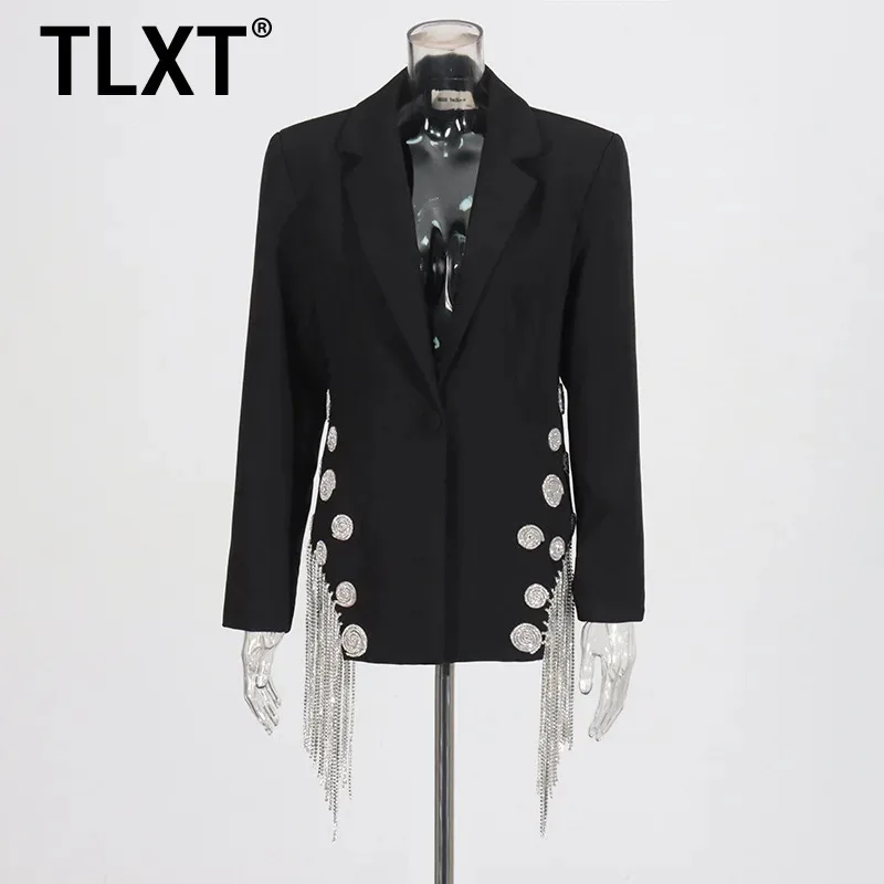 

TLXT модный женский белый пиджак с зубчатым воротником на одной пуговице в стиле пэчворк, куртки с металлическими кисточками, весна 2021, новые пальто