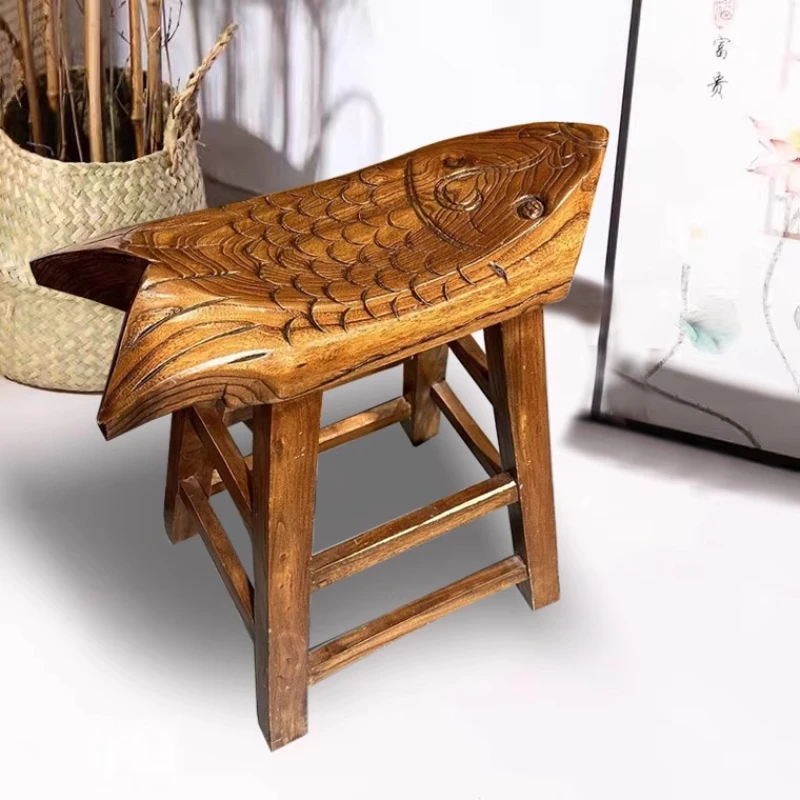 

‌Solid Wood Step Stool, Artisanal Carved Seat, Foyer Decor, Sofside Accent - Elegant Home Furnishing
