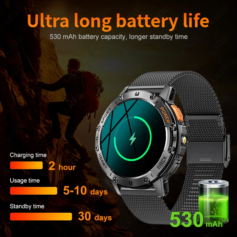 LIGE Men Smart Watch Outdoor LED Flashlight 530mAh Bluetooth Call Watches Sports Fitness Tracker Health Monitor Smartwatch Man