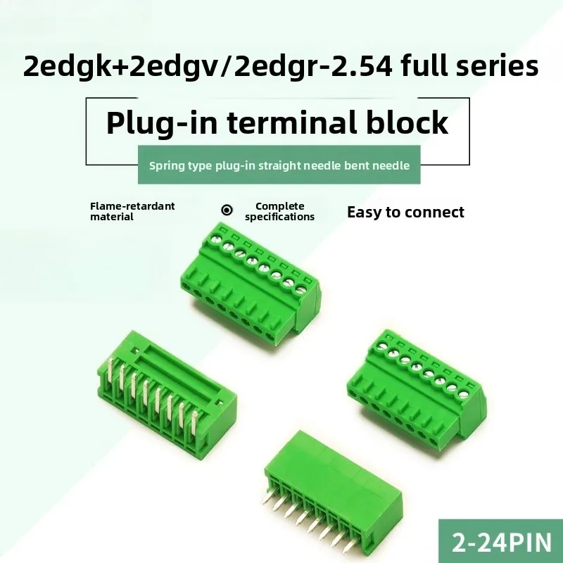 1set 2EDG-2.54mm Pluggable PCB Screw Terminal Block Green, Straight  Pin Header Socket Set, 2P-24P Small Pitch Connector