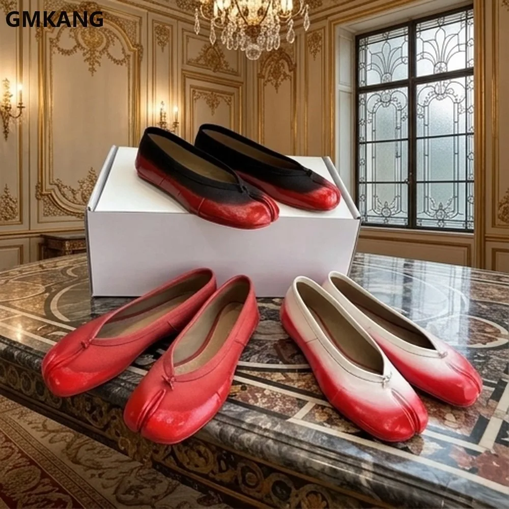 Women's Split Toe Leather Ballet Flats Gradient Wrinkled Slip On Shoes Comfortable Casual Walking Shoes