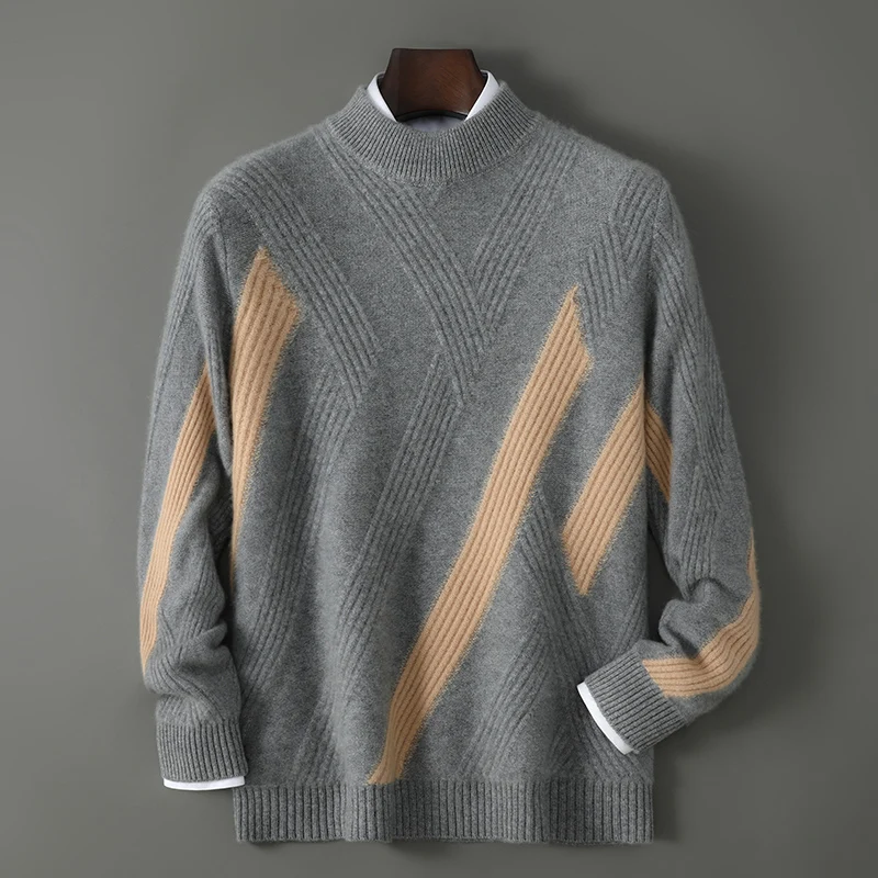 New Men's Fashion 100%Wool Sweater Autumn Winter Round Neck Knitted Warm Color Blocking Bottoming Shirt Business Casual Pullover