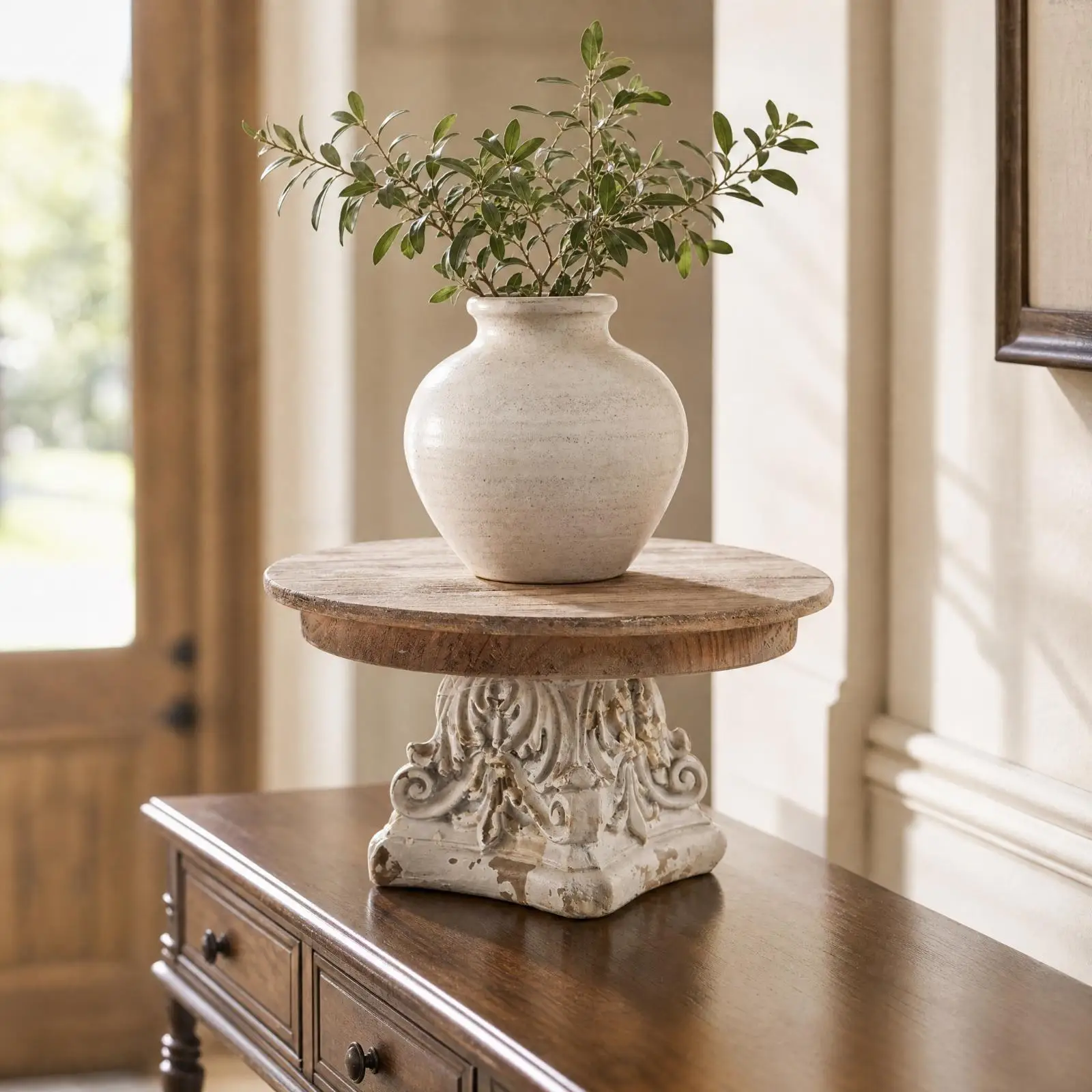 Wooden Decorative Display Stand with Ornate Carving Round Top for Entryway Shelf Home Decor Art