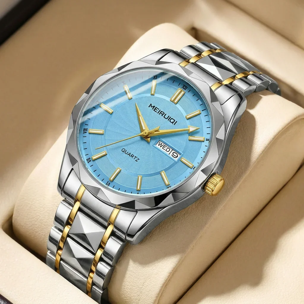 1pcs Men's sky blue dial alloy strap vintage fashion classic business calendar details Quartz Watch for business party holiday