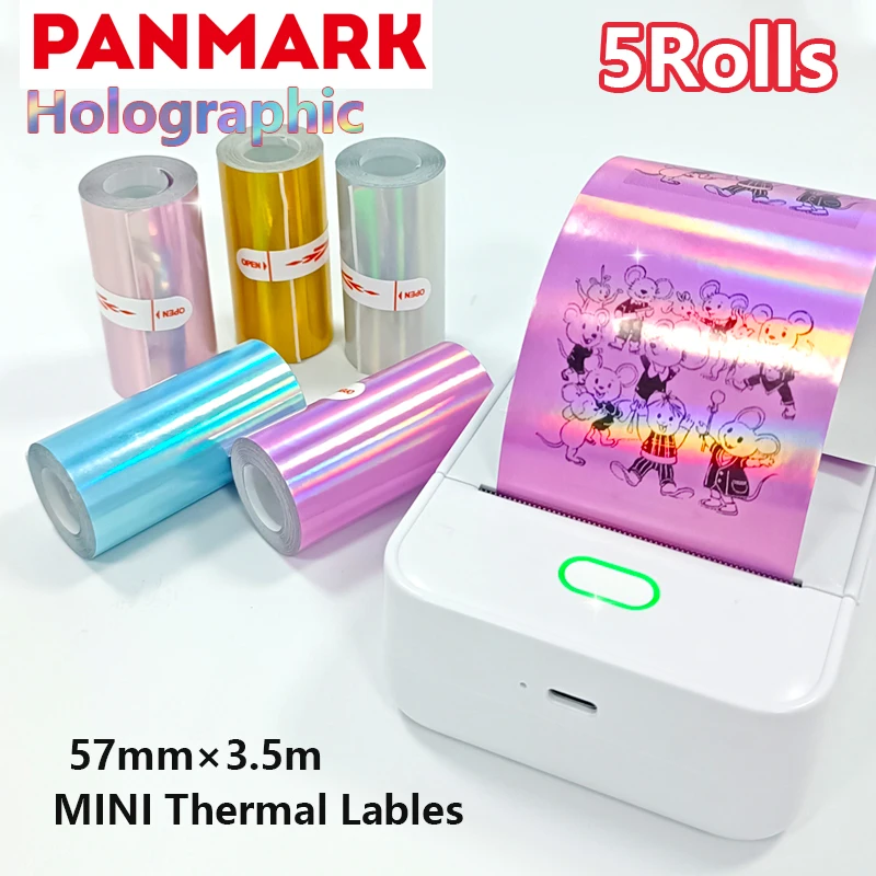 

5 Rolls 57mm×3.5m Holographic Thermal Labels - Exclusive for Mini Label Printers, for School Office Home Thermal Photo Paper
