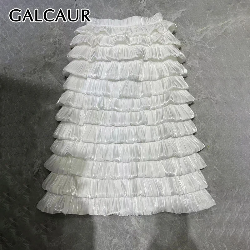 

GALCAUR Solid Elegant Pleated Long Skirts For Women High Waist Spliced Ruffels Temperament Cupcake Skirt Female Fashion Clothing