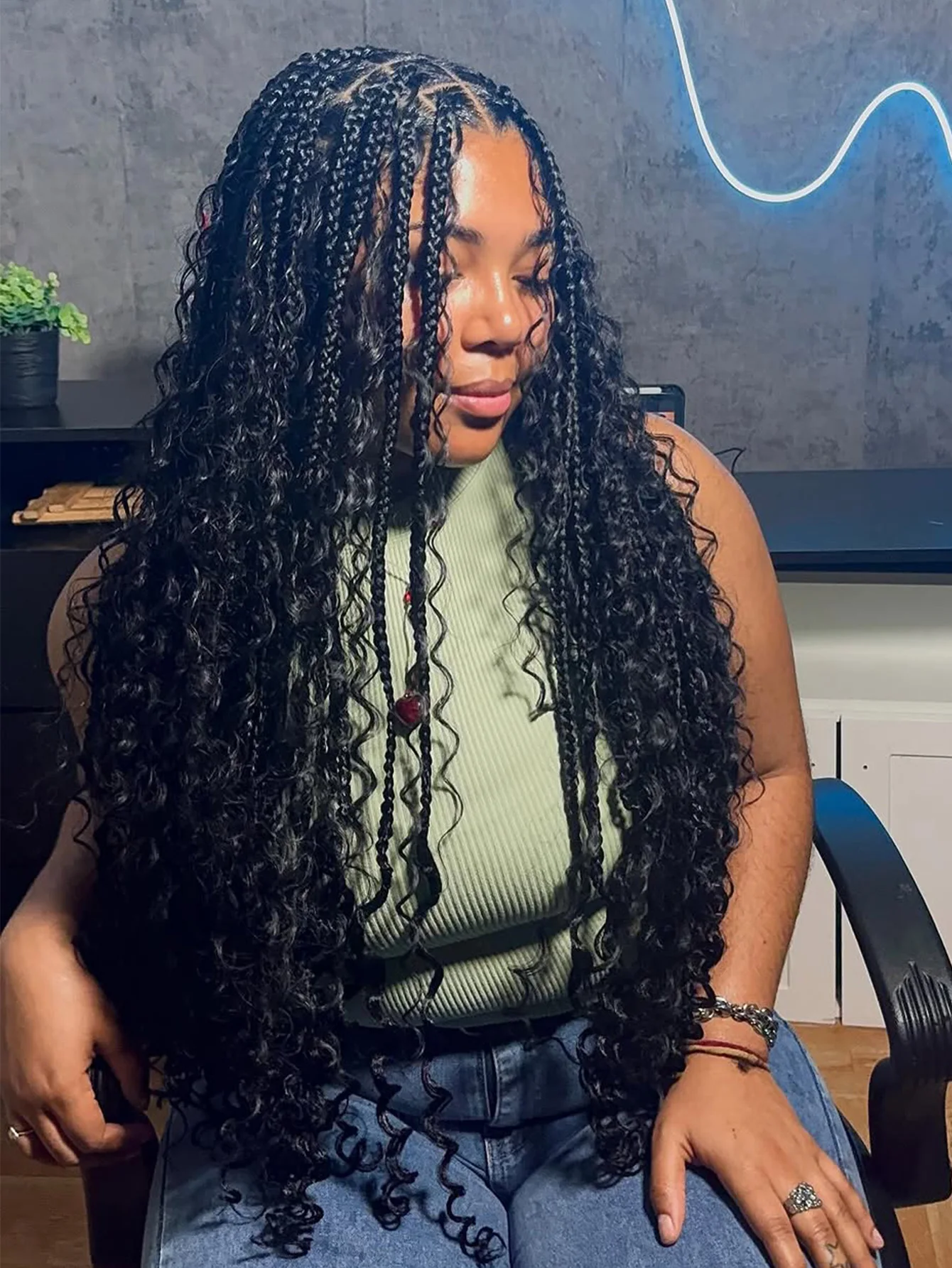 

32-дюймовый длинный синтетический парик в стиле бохо с плетеными косами, полностью на кружевной основе, без узлов, с кудрявыми концами, парик-косы с эффектом Cornrows и детской прядью волос