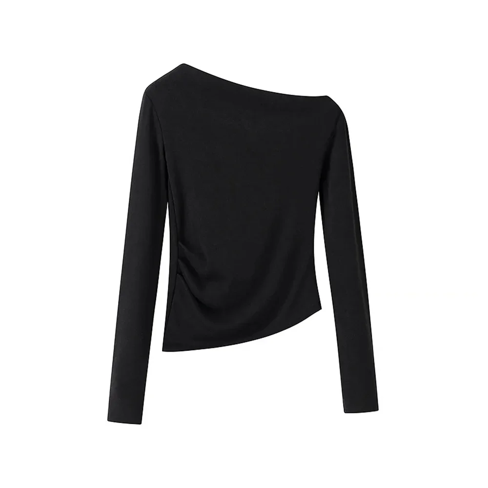 2025 TRAF Spring New Women's Fashion Versatile Slimming and Drawn Fold Knitted Slant Neck Design Long Sleeve Top