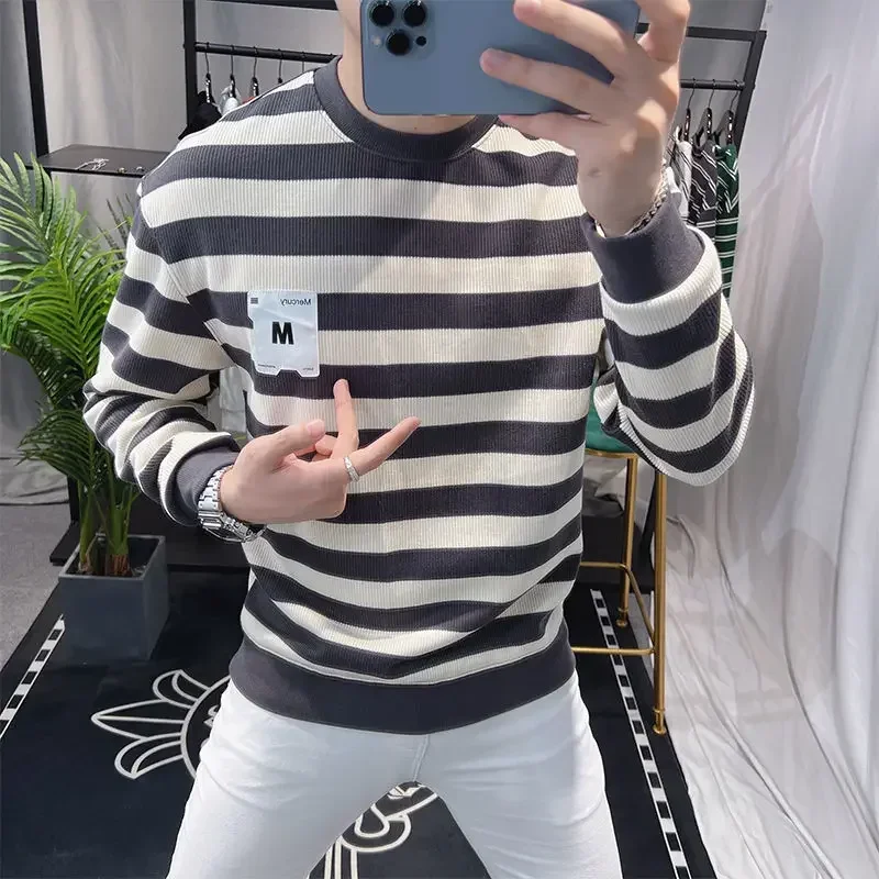 

Мужская одежда, полосатая толстовка с круглым вырезом для мужчин, топ без капюшона, зеленый пуловер с круглым вырезом, зимняя уличная одежда, новинка и теплая S