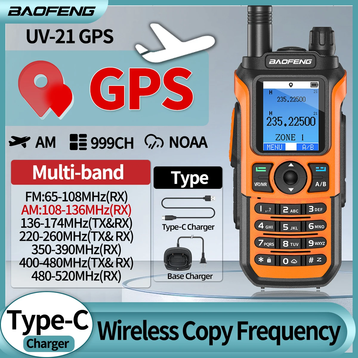 Baofeng UV 21 GPS Air Band Walkie Talkie, Frequência de cópia sem fio, Carregador Tipo-C, 999CH, FM, AM NOAA para UV 5R 17 PRO, Rádio Amador