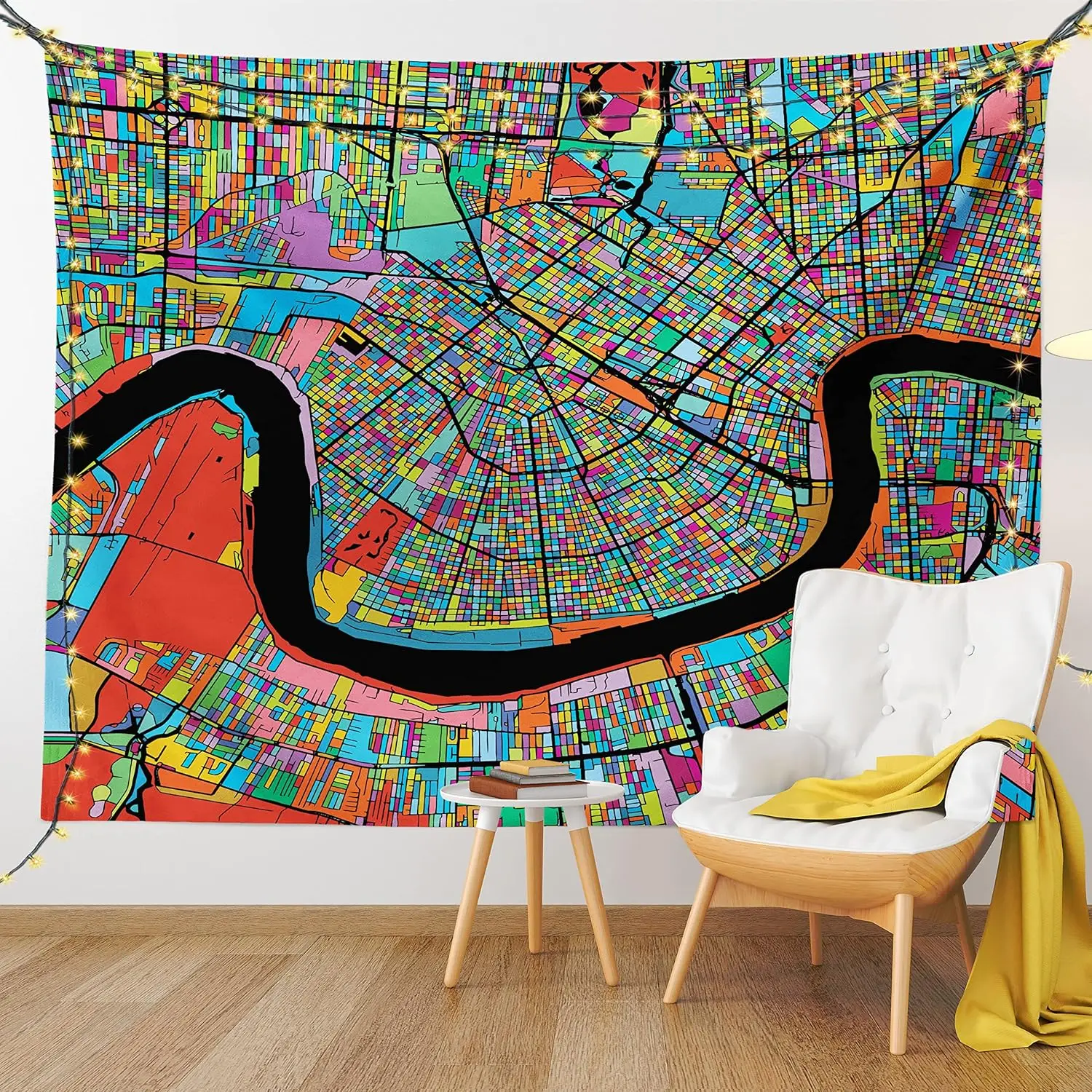 Colorful Map of City with Mississippi River Districts and Highways New Orleans, Wide Wall Hanging for Bedroom Living Room Dorm