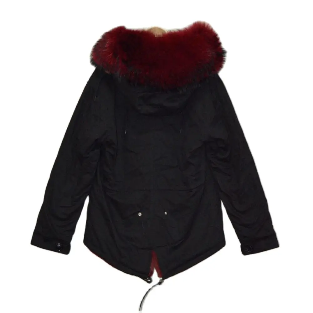 Winter Attractive Advanced Burgundy Faux Fur Lined Parka Black Short Style Coat For Women And Men