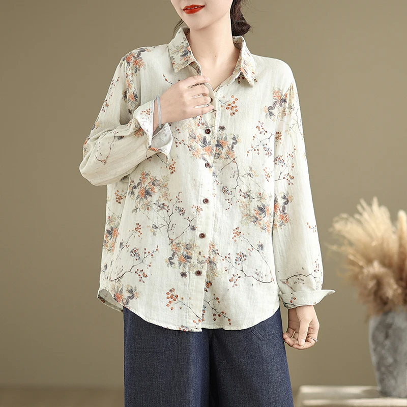 الرجعية الفنية طباعة القطن الكتان طويل Sve irt المرأة عادية فضفاض العمر-Defng ربيع الخريف جديد Sle الأعلى