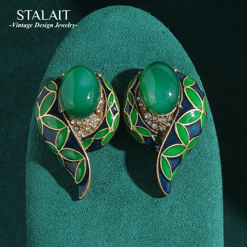 

Bohemian Jewelry Vintage Stud Green Earrings Jade Leaf Enamel For Woman Charm Luxury Statement Antique Gold Color Accessories