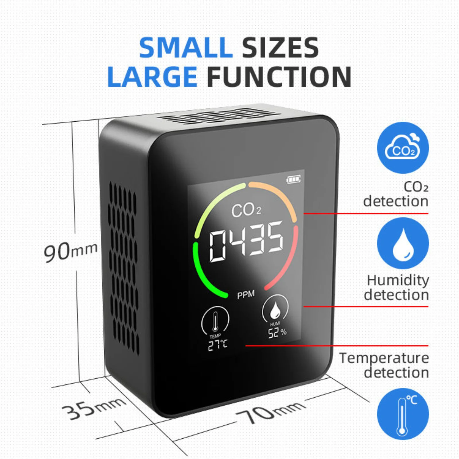 Smart CO2 Meter Temp Humidity Monitor 3in1 Air Quality Meter, Color LCD 1200mAh Rechargeable 1s Refresh For Home Office Sleep