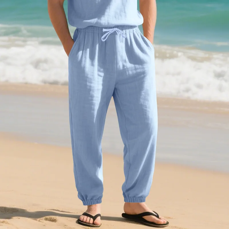 

Four Seasons Beach trendy men, loose linen large-sized casual sports tight-fitting trousers