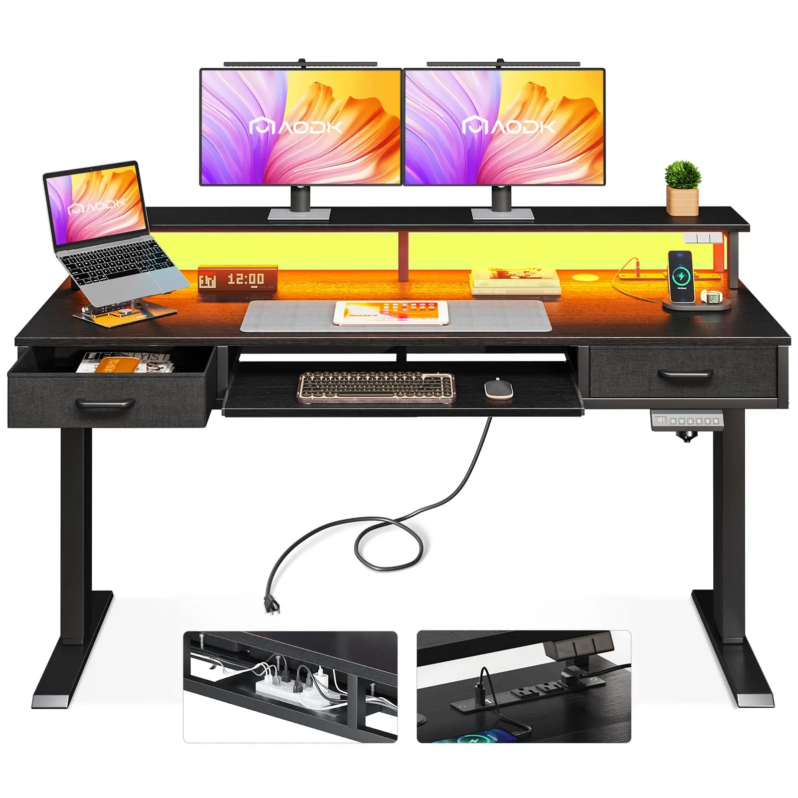55 Inch Electric Standing Desk with Drawers & Keyboard Tray, Black