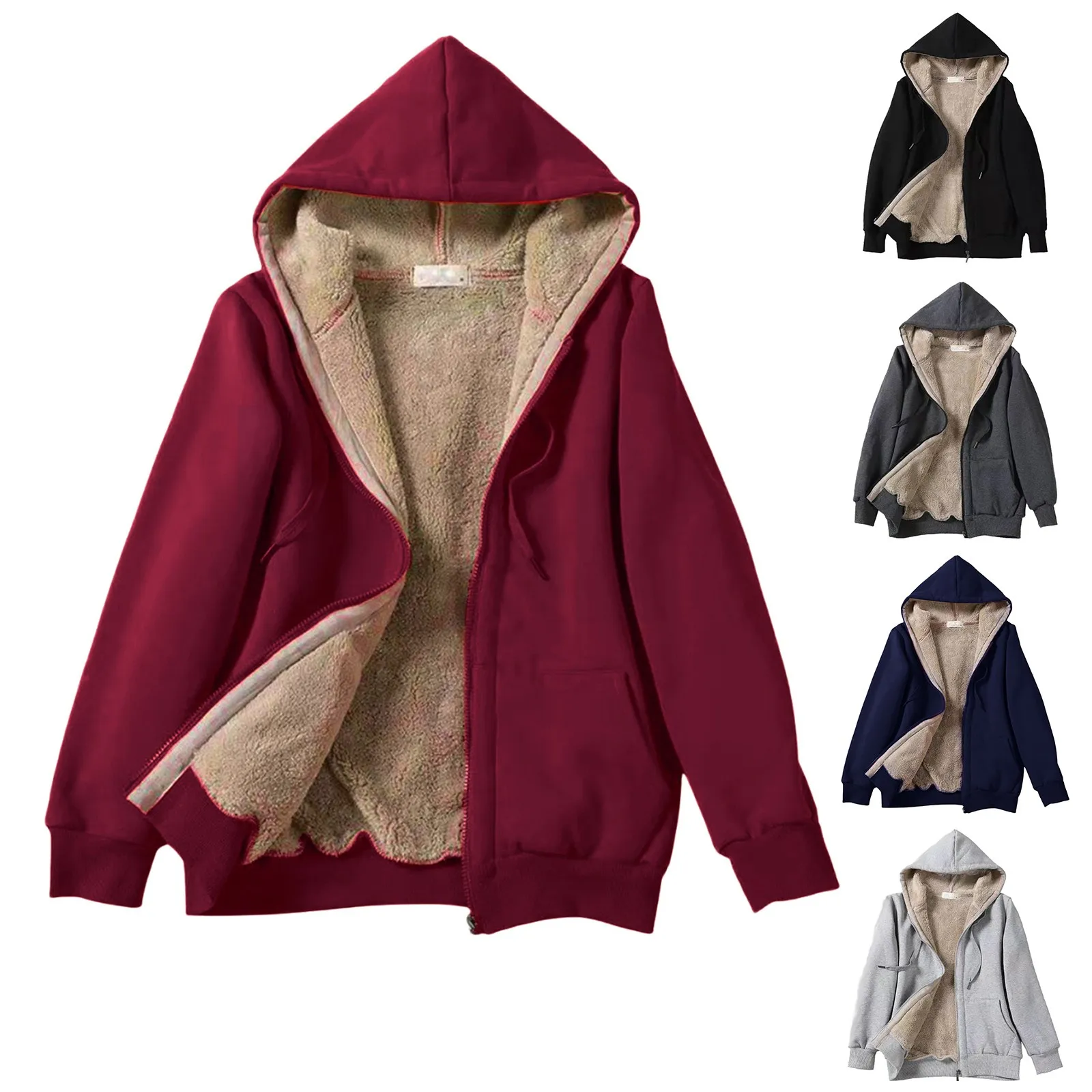 Women\'s Fashion Long Sleeve Zipper Hooded Plush Composite Coat With Drawstring Solid Color Plush Soft Comfortable Overcoat