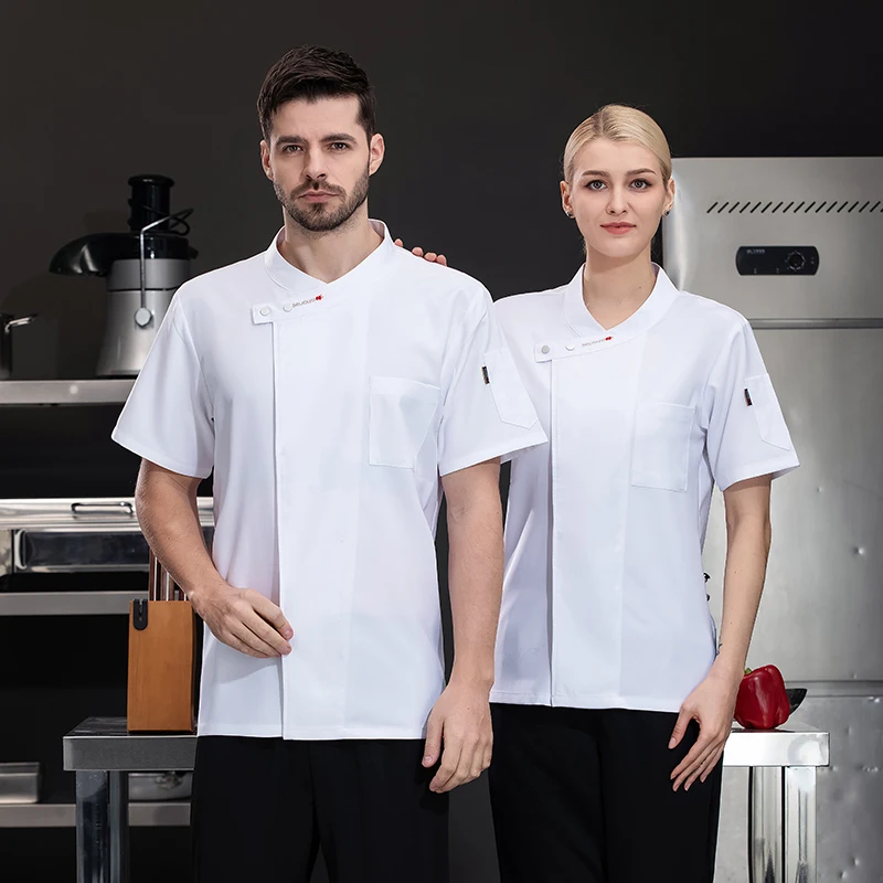 Chaqueta de cocinero para restaurante, uniforme de trabajo de Chef, camarero, camisa blanca, disfraz de cocina, barbería, Catering, panadería, ropa de trabajo de verano