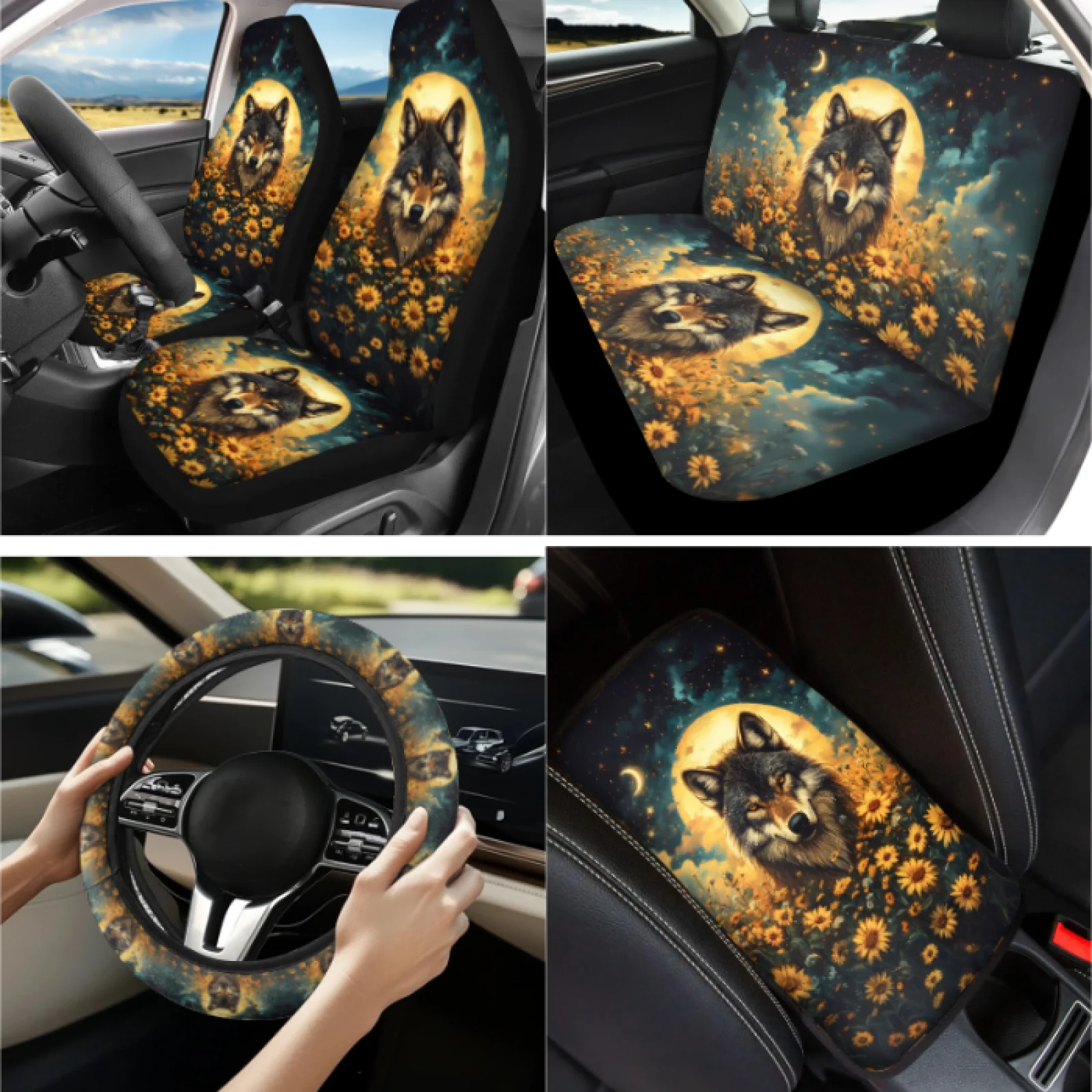 Coloranimal Wolf Sunflower 13 PCS Car Seat Cover Set with Removable Steering Wheel Cover and Seatbelt Covers for Auto Interior