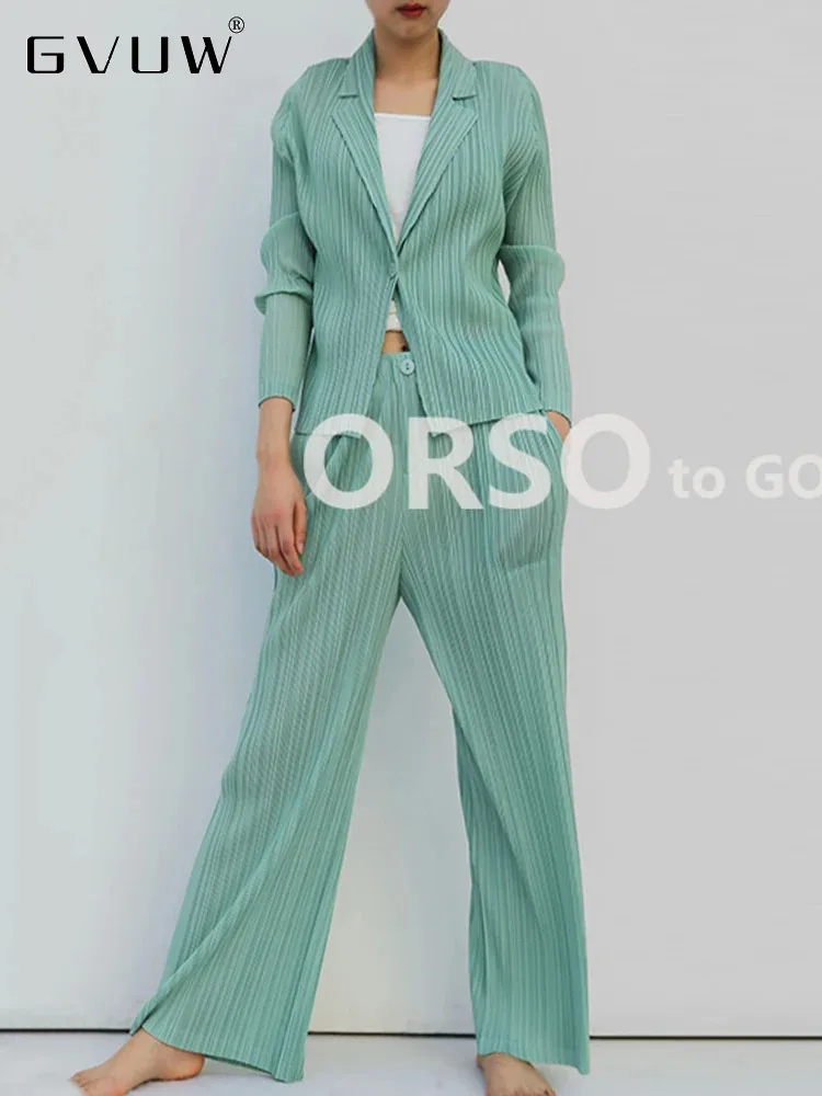 GVUW Pleated Office Lady 2 Pieces Set Lapel Single Button Blazer Coat + Wide Leg Trousers Loose Solid Color Women New 17G7735