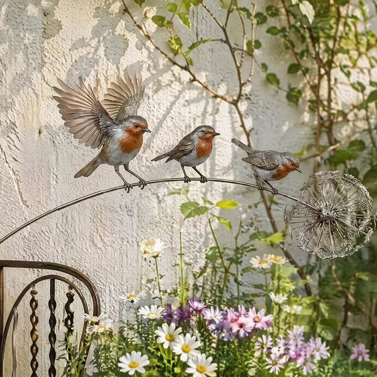 Metallene Vogelstecker, dekorative Gartenstecker, kreative Löwenzahn-Gartenskulpturen für Hof, Rasen, Landschaftsdekoration, Kunstornament