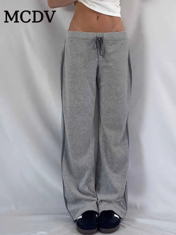 

MCDV Casual Loose Sweatpants Women Harajuku Low Rise Striped Gray Drawstring Baggy Wide Leg Pants Y2k Hip-hop Jogging Trousers