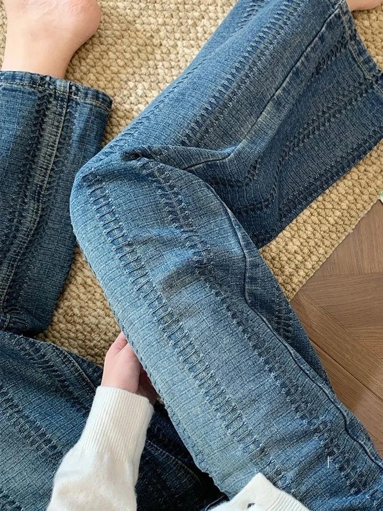 Zwaargewicht gebreide denim jeans met wijde pijpen, hoge taille, casual blauwe dames herfst nieuwe Sle vloerlengte rechte buisbroek