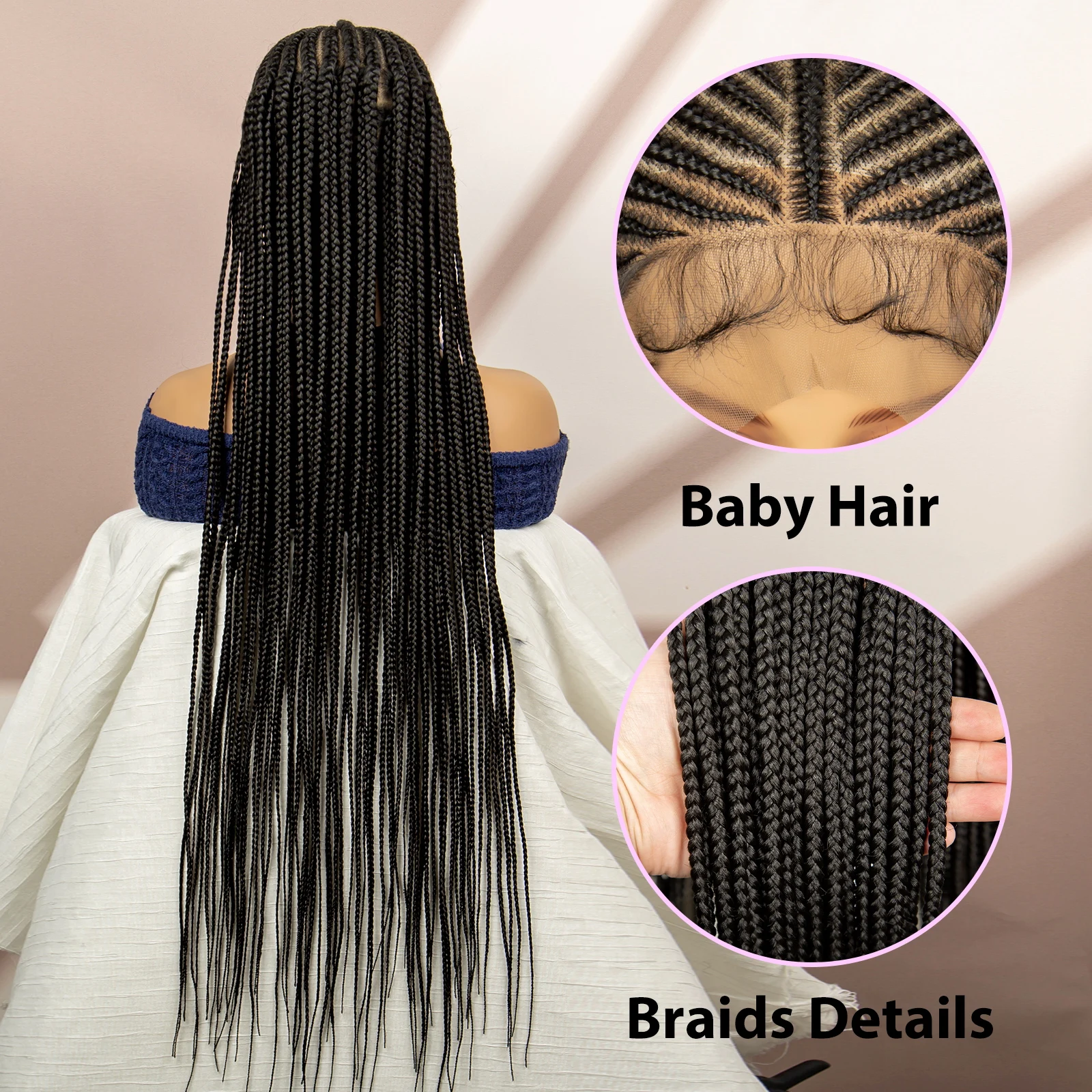 O Cornrow sintético longo trançou perucas para mulheres negras, tranças do Afro, cabelo do bebê, 36"