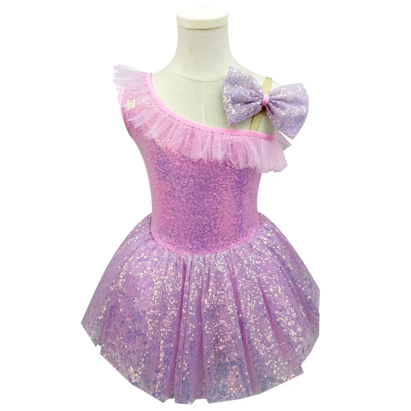 여자 스팽글 발레 댄스 드레스 원 숄더 Tulle Ruffle Bow 장식 다채로운 파티 공연 투투 드레스