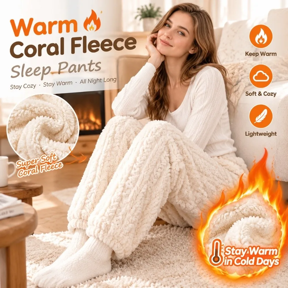 Cozy Coral Fleece Thermal Sleep Pants Thickened Soft Cable Knit Trousers Solid Color Loose Fit Fleece Home Pants For Women