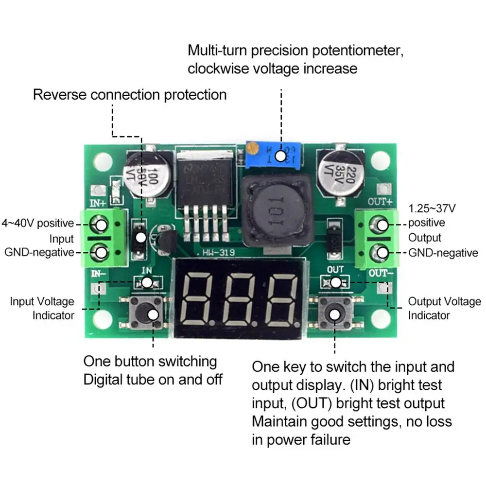 DC-DC Buck Converter Module LM2596S DC 4.0~40V to DC 1.25V~37V Adjustable Step-Down Voltage Regulator With LED Voltmeter Display