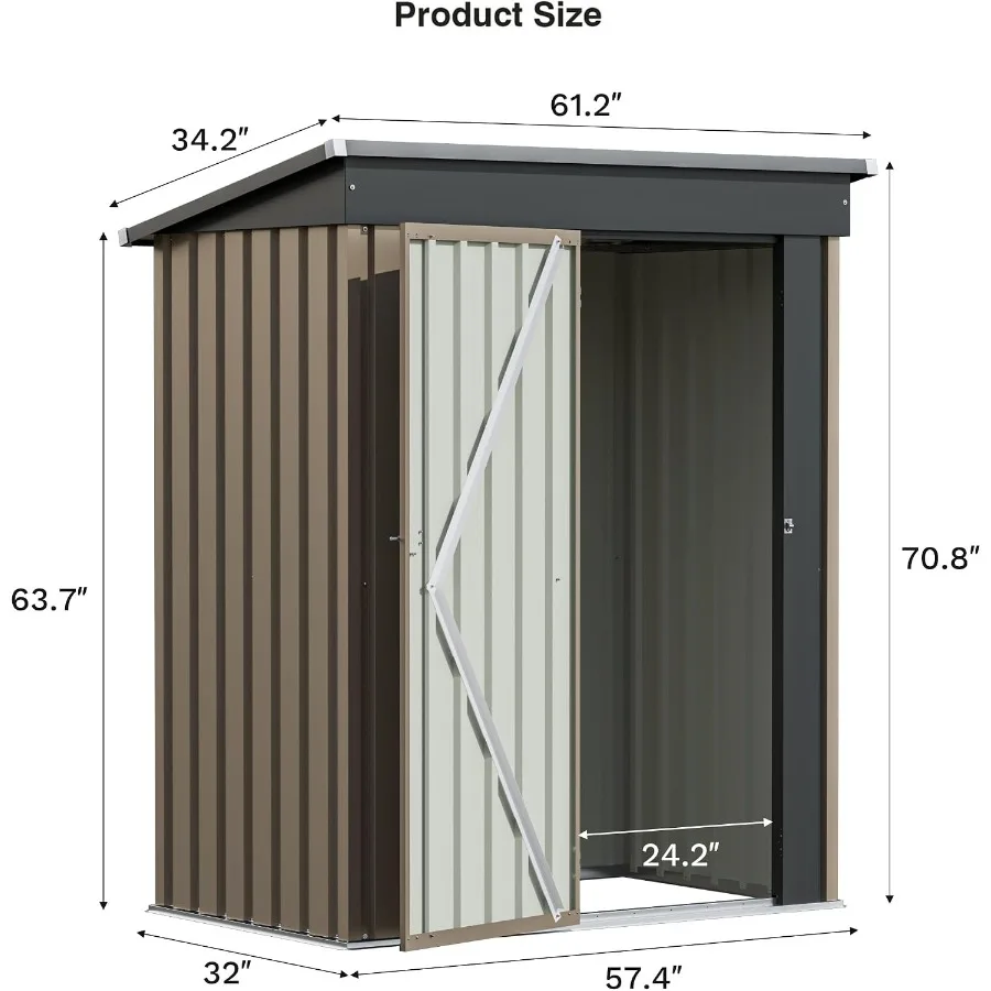 Outdoor storage shed for backyard patio use, made of metal with gray finish, featuring lockable door and sloping roof for weath