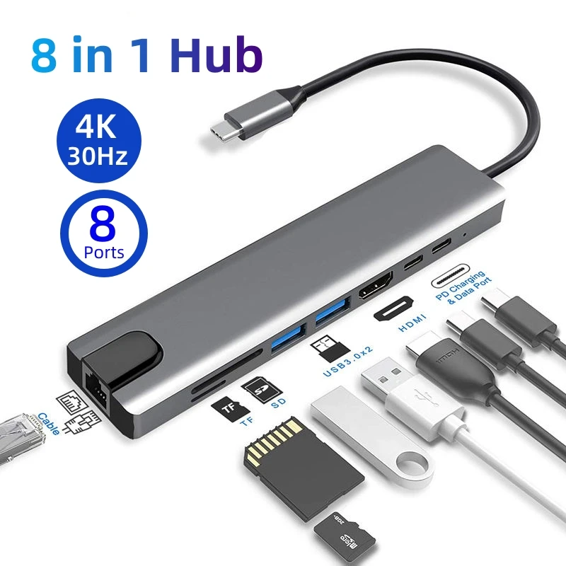 USB Type C HUB 8 in 1 Splitter To Multi-interface Docking Station Laptop Adapter With PD SD TF RJ45 For Macbook Pro Laptops