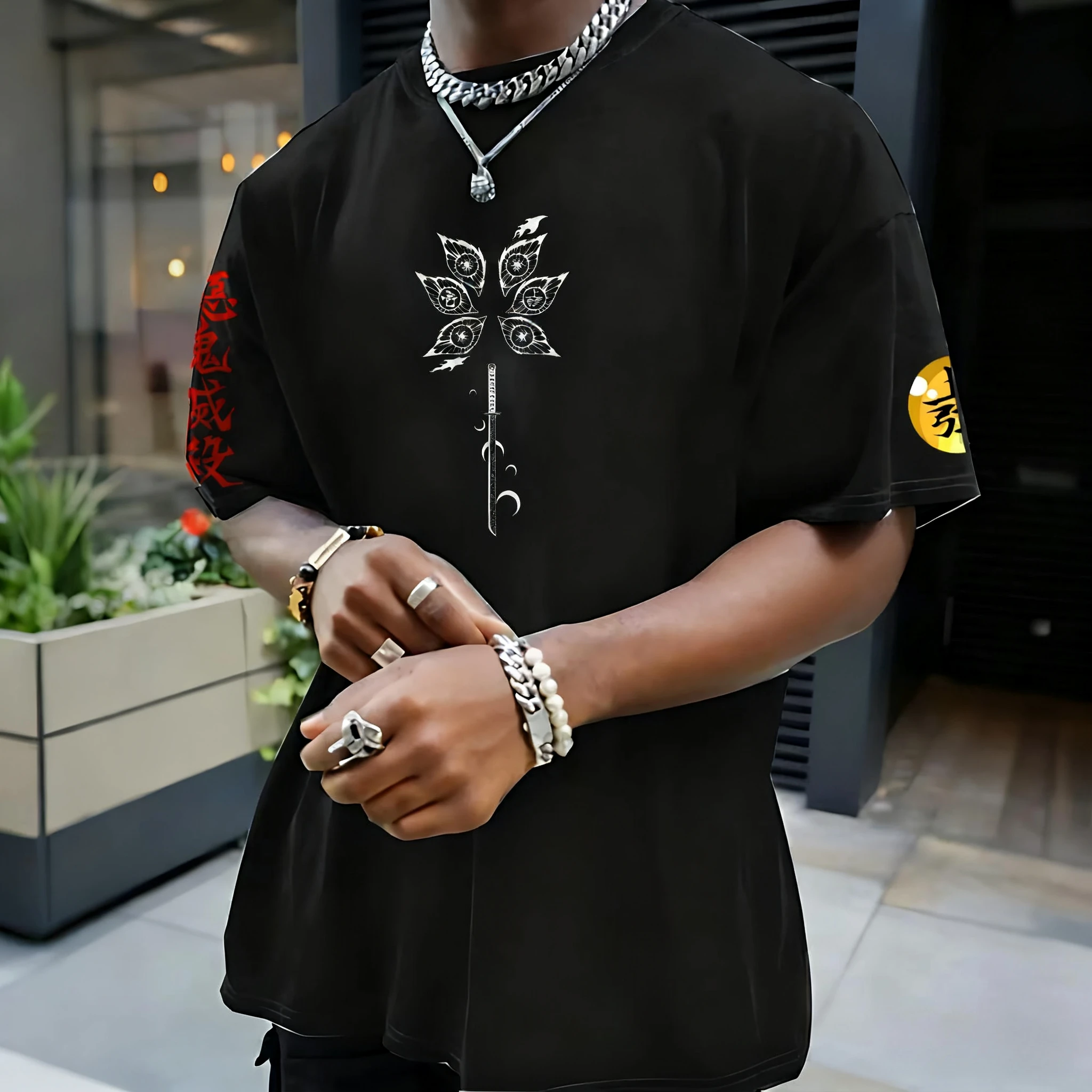 Demon Slayer Halloween Joint T-shirt 2025 Men's Summer New Kokushibo Anime Print American Trend Casual Loose Short Sleeved Top