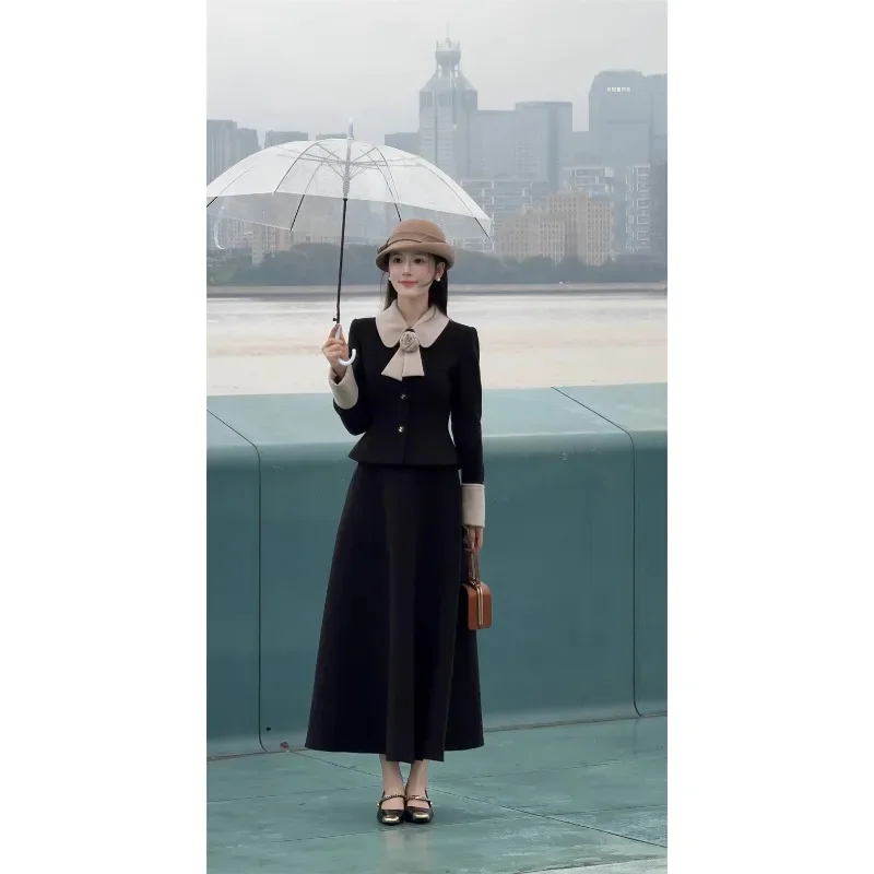

Sweet Hot Girl Suit Women's Winter Turn-down Collarl Long-sleeved Woolen Coat High Waist A-line Skirt Fashion Two-piece Set