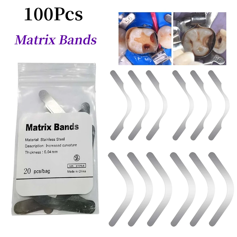 100Pcs Matrix Bands Tofflemire Matrix Gingival Wall Lift Duża krzywizna przekrojowe matryce wyprofilowane Materiały stomatologiczne