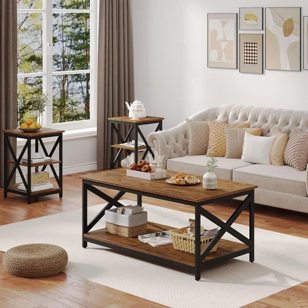 Living Room Coffee Table Set of 3, Industrial X-Design Coffee Table and 2 End Side Tables, 3 Piece Living Room Table Set with L