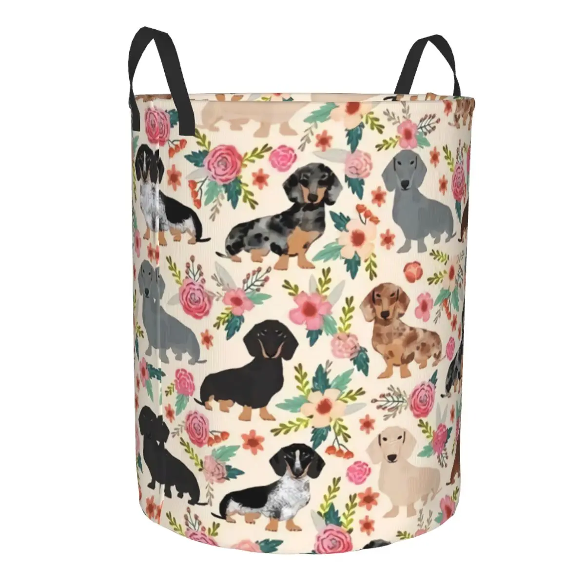 Custom Doxie Florals Dachshund Laundry Hamper Large Clothes Storage Basket Sausage Dog Lovers Toys Bin Organizer for Boy Girl