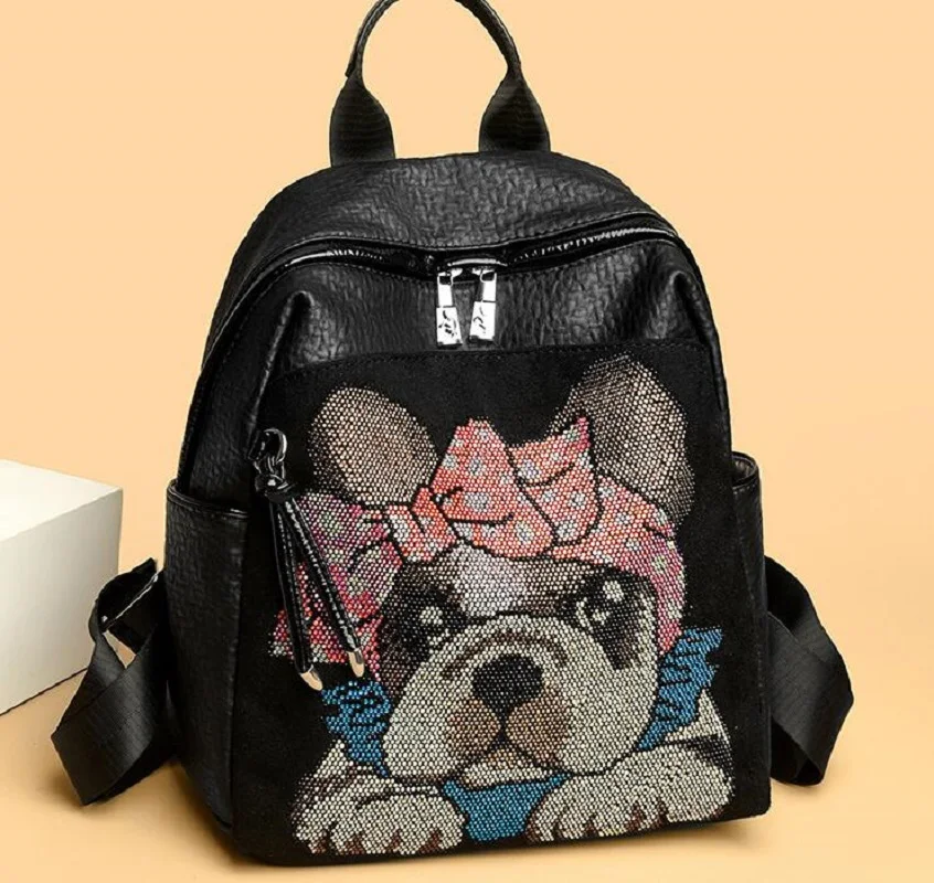 

New Fashion Trend Soft Leather Travel Backpacks Women's Lovely Dog Shoulder Bags High Capacity School Bag Casual Bagpack Totes