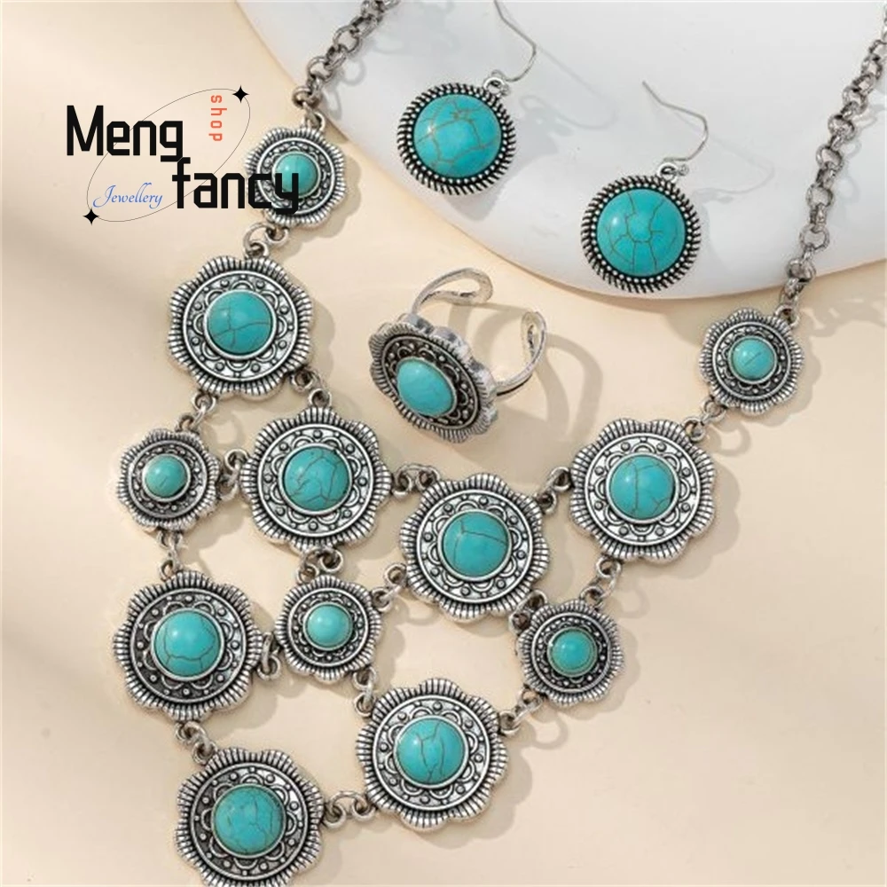 البوهيمي خمر متعدد الطبقات جولة الأبيض الصنوبر والأزرق الصنوبر قلادة أقراط خاتم مجموعة مجوهرات الأزياء الأنيقة رائعة