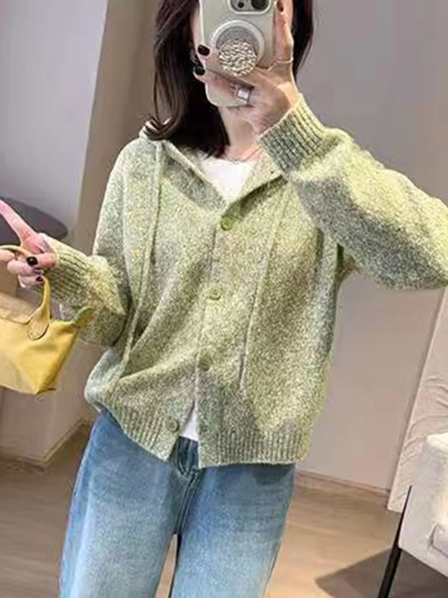 Frauen Strickjacke aus 100 % Merinowolle, einfarbig, O-Ausschnitt, mit Kapuze, Strickkabel, Herbst-Winter-Kleidung, einreihig, warm, bequem