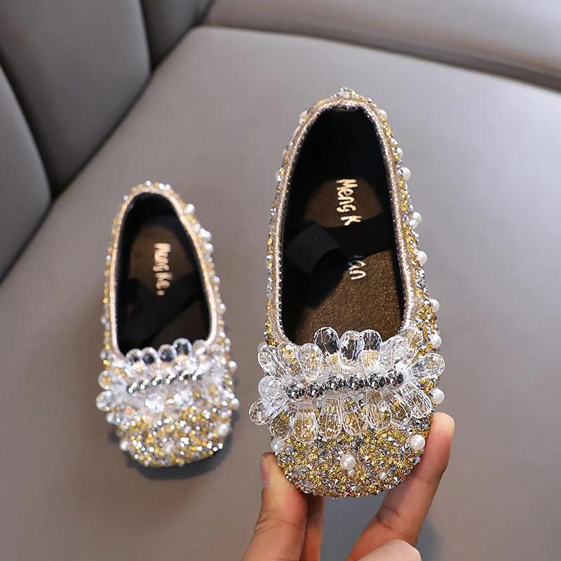 Girls Autumn Children Single Shoes Girls Princesses PU Leather Shoes Kids Performance Sequins Crystal Flowers Pearls Dance Shoes