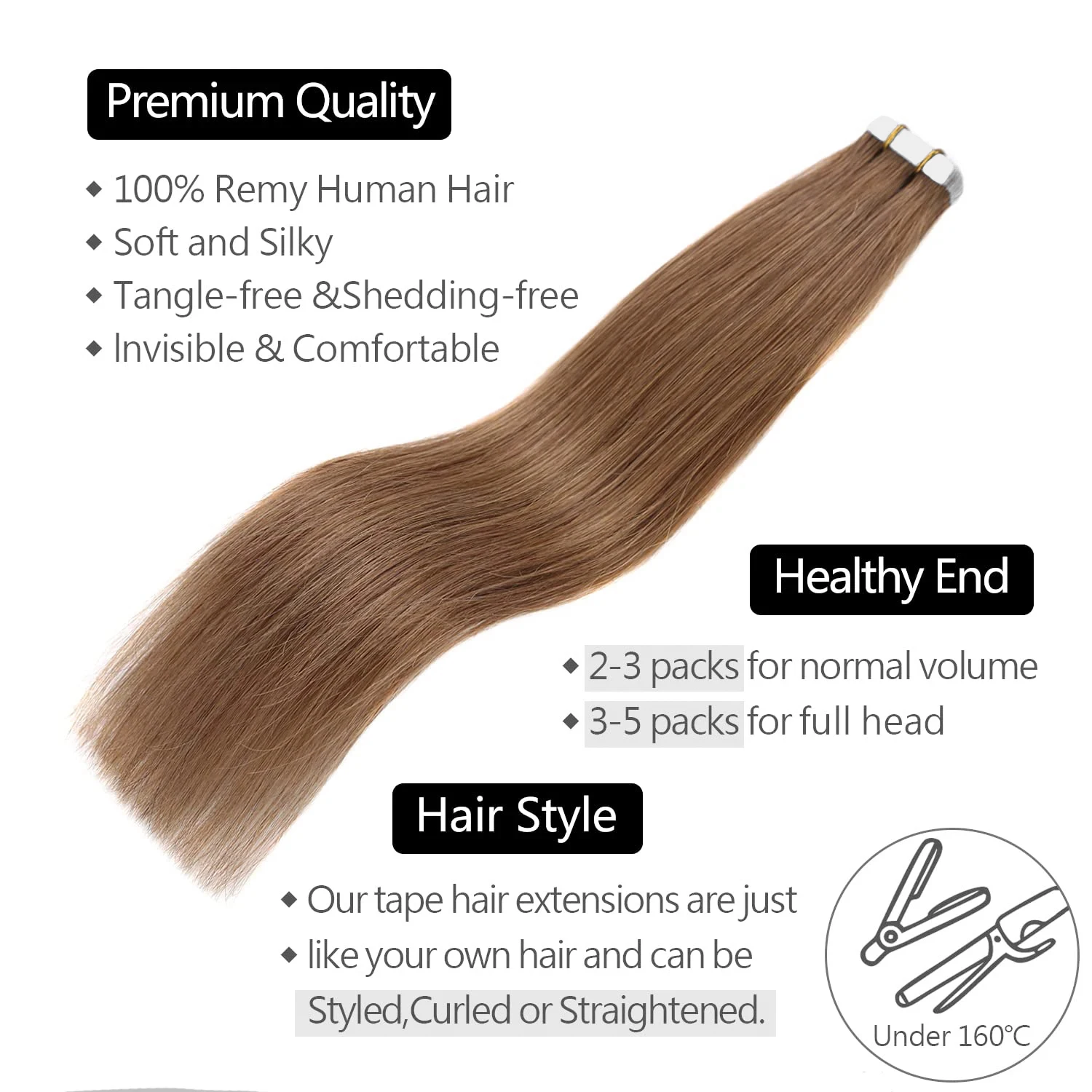 Fita de cabelo humano em extensões para mulheres, trama de pele sem costura, cabelo liso, marrom claro, cor #6, Ins, 40g por pacote