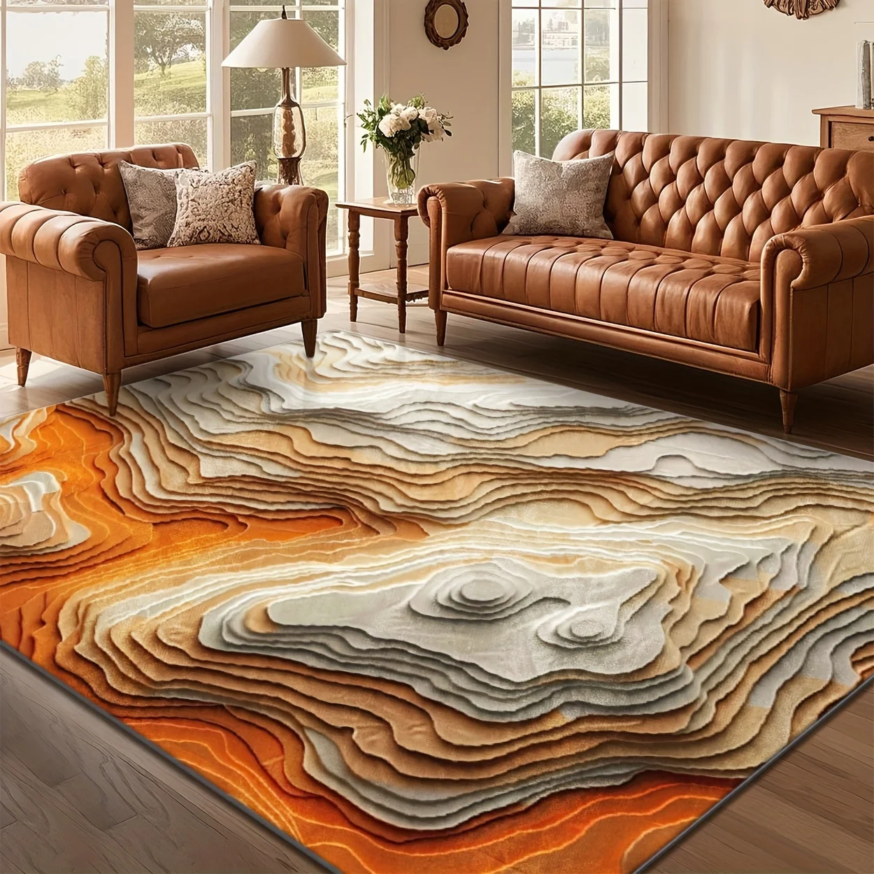Orange Brown Topographic Abstract Area Rug, Modern Layered‑art Floor Decor, Versatile Home Ornament for Living Room, Bedroom