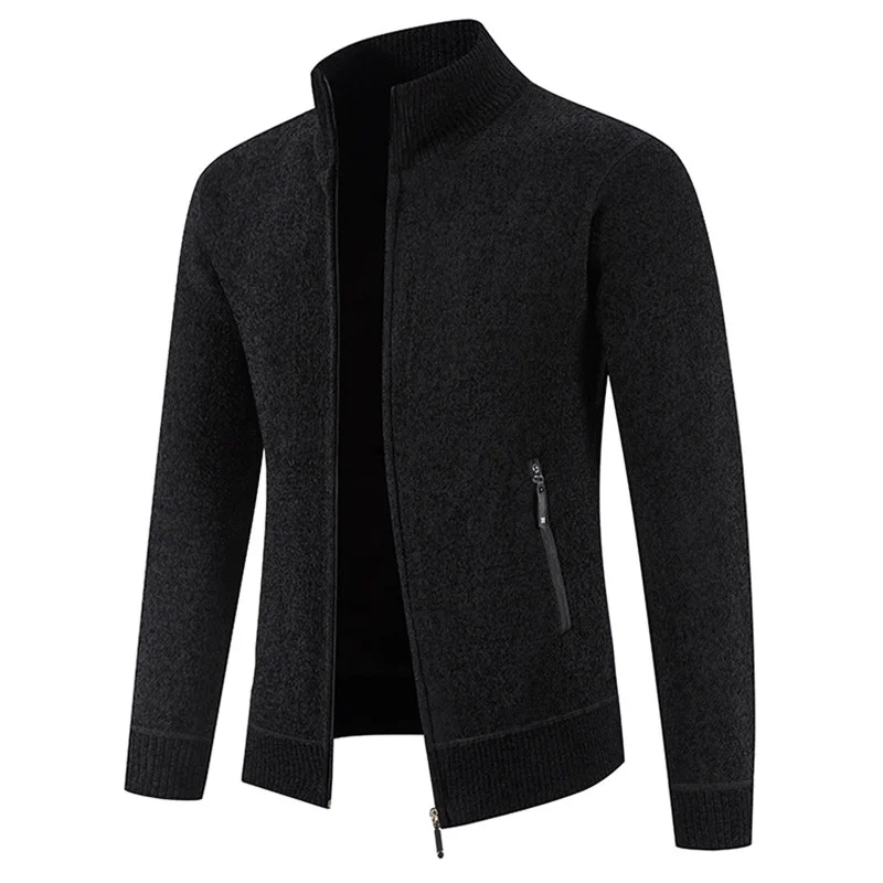 Men Cardigan Knit Sweater Autumn Winter Fleece Warm Knitted SweaterCoat Solid Stand Collar Zipper Pocket Cardigans Men Clothing