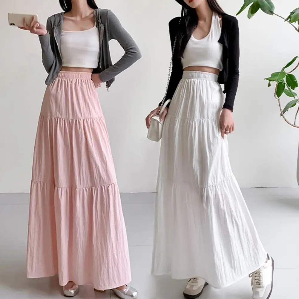 Saia maxi elástica de cintura alta elegante saia maxi feminina com cintura alta elástica plissado costura linha a design sólido para o verão