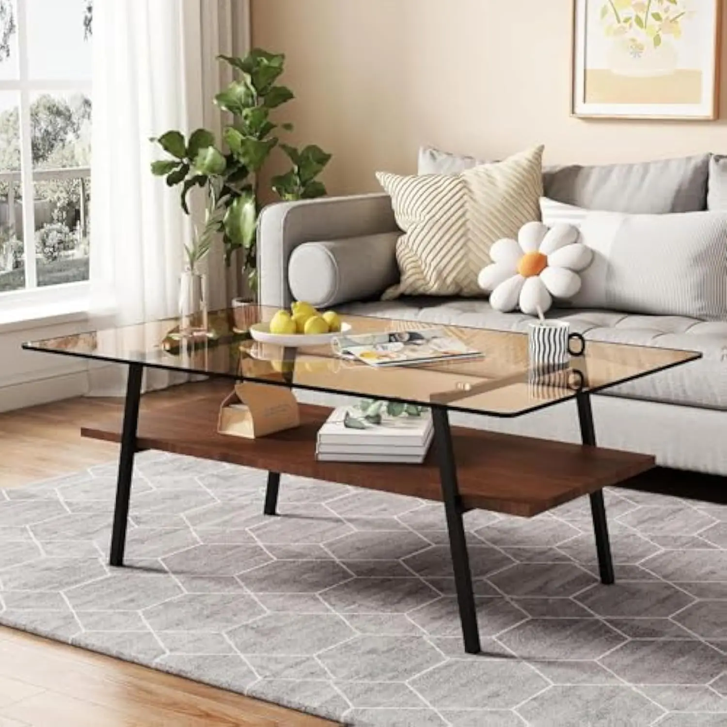 

Modern Glass Coffee Table, Mid Century Rectangle Double Layer Tempered Tabletop with Wood Shelves for Living Room (Brown Glass