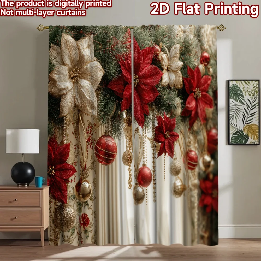 2D flat 2pcs Curtain Modern Minimalist Style Christmas Red Gold Garland Digitally printed polyester Festive Holiday Perfect for