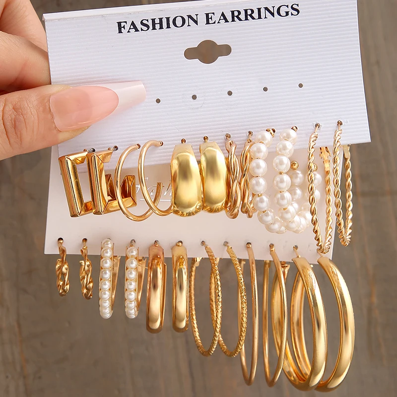 Fashion Geometry Women\'s Earring Set Metal Gold Color Exaggerated Long Tassels Big Circle Pearl Dangle Earring Party Jewelry